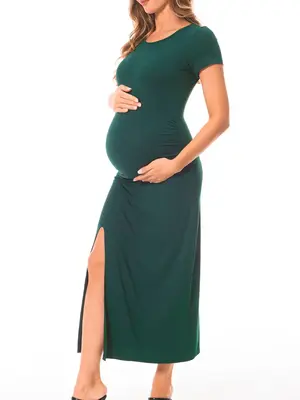 Women's Maternity Solid Ruched Split Thigh Tee Dress, Casual Short Sleeve Round Neck Long Pregnant Dress for Summer, Basic M...