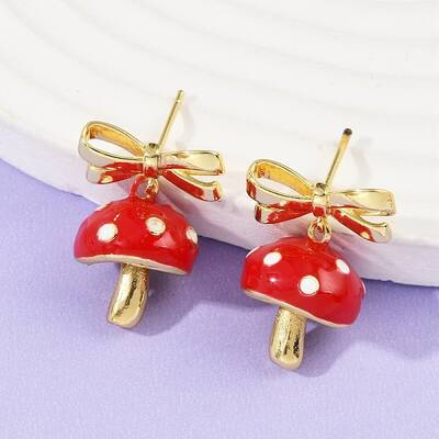 Mushroom with Bowknot Brass Enamel Dangle Stud Earrings