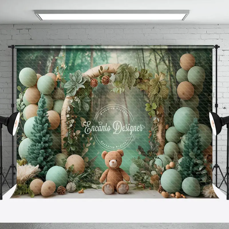Green Balloons Forest Bear Backdrop For Cake Smash