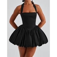 Women Sleeveless Halter Dress Summer Casual Tie up Backless Corset Bubble Party Dress for Beach Club Streetwear Sleeveless Ha...