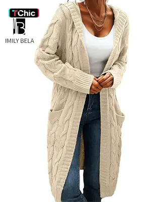 Women's Pocket Drop Shoulder Cardigan, Hooded Long Sleeve Warm Top, Casual Textured Knit Open Front Cable Outwear, Sweaters f...