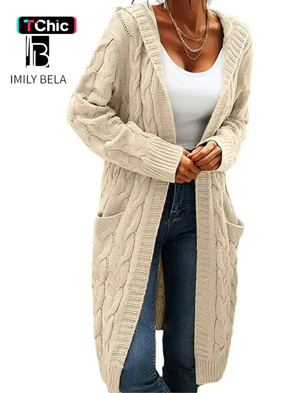 Women's Pocket Drop Shoulder Cardigan, Hooded Long Sleeve Warm Top, Casual Textured Knit Open Front Cable Outwear, Sweaters f...