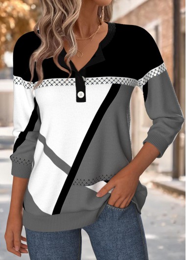Modlily Multi Color Tummy Coverage Geometric Print Long Sleeve Sweatshirt - XL
