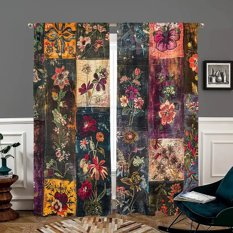 Floral Print Curtain, 2 Counts Retro Style Window Curtain, Pole Pocket Design Curtain for Bedroom Living Room Apartment Kitch...