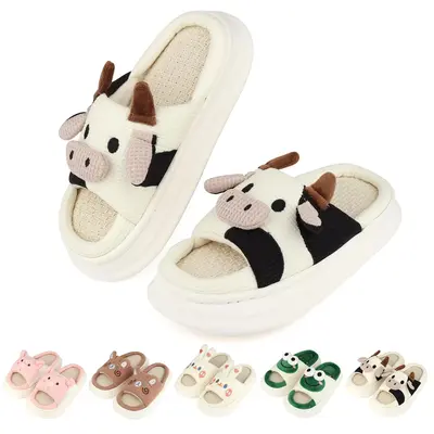 King Glory Kids Animal Slippers Women Cartoon Slippers Indoor Outdoor Cow Cotton Linen Cloud Slippers Home Shoes for Kids