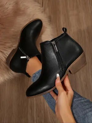 Fashionable Solid Color Side Zipper Ankle Boots, Casual Comfortable Pointed Toe Boots for Daily Wear, Female All-match Trend ...