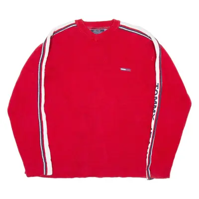 TOMMY HILFIGER Womens Patterned Jumper Red Striped V-Neck Tight Knit S