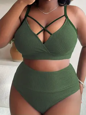 Plus Size Two-Piece Set Criss Cross Crop Cami Top & High Waist Panty Ribbed Tankini Set, Casual Adjustable Strap Swim Top & ...