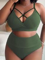 【Plus Size】Two-Piece Set Criss Cross Crop Cami Top & High Waist Panty Ribbed Tankini Set, Casual Adjustable Strap Swim T...