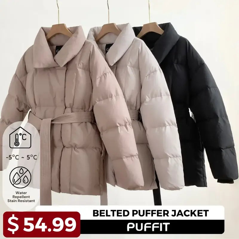 PUFFIT Mid Length Belted Puffer Jacket Womenswear, Winter Warm Classic Quilted Outerwear, Button Front Full Zip Long Sleeve C...