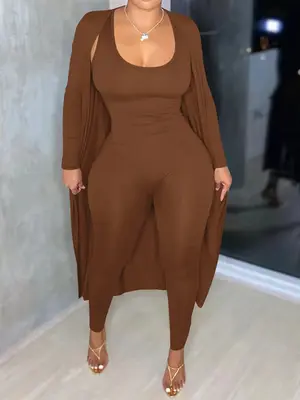 Two-piece Set Women's Solid Open Front Long Sleeve Longline Outwear & Skinny Jumpsuit, Casual Fashion Cozy Outfits for Daily ...