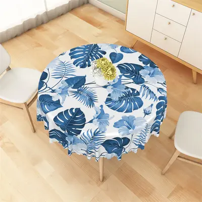 White Blue Flowers Tropical Leaves Round Tablecloth - Aperturee