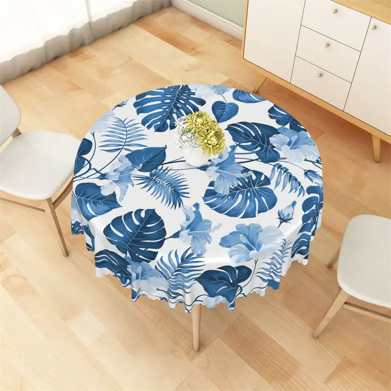 White Blue Flowers Tropical Leaves Round Tablecloth - Aperturee