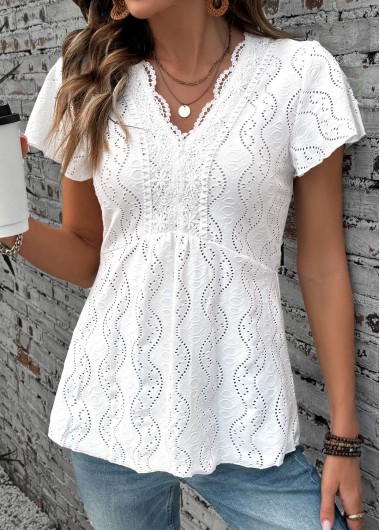 Modlily White Patchwork Short Sleeve V Neck Blouse - L
