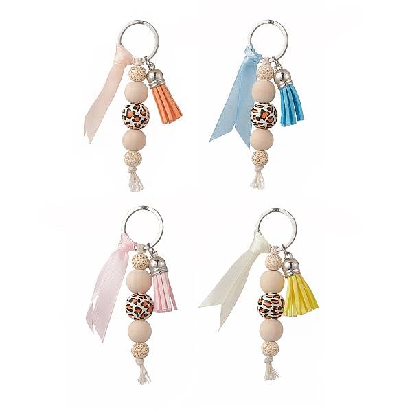 Cube & Round & Octagon Wooden Beaded Pendant Keychain