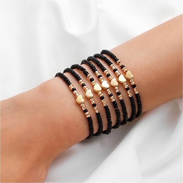 7Pcs CCB Heart & Glass Seed Round Beads Stretch Bracelets