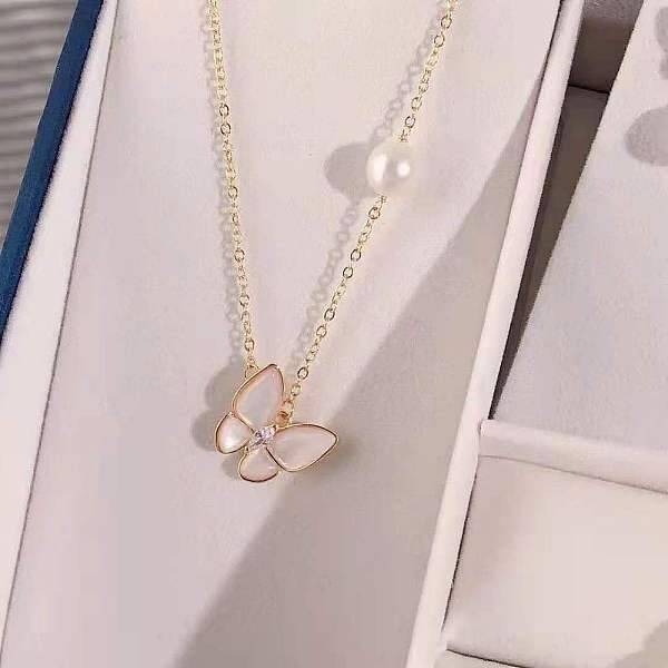 Butterfly Brass Pave Natural Shell Pendant Necklaces