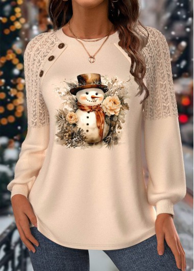 Modlily Christmas Skin Color Lace Long Sleeve Round Neck Sweatshirt - XL