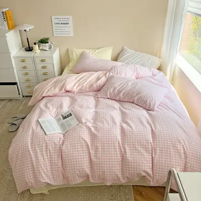 Pastel Bedding Plaid bedsheets | Color: Pink | style: 2.0M Flat Sheet 4PCS Set