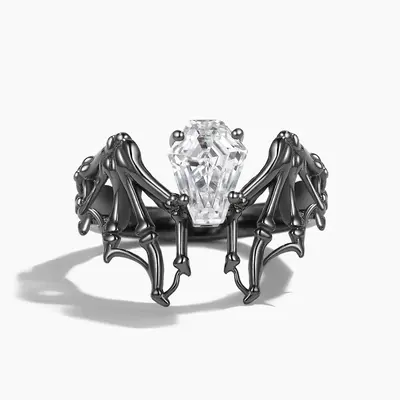 Moissanite Bat Coffin Cut Wedding Ring Vintage Black Gothic Engagement Ring