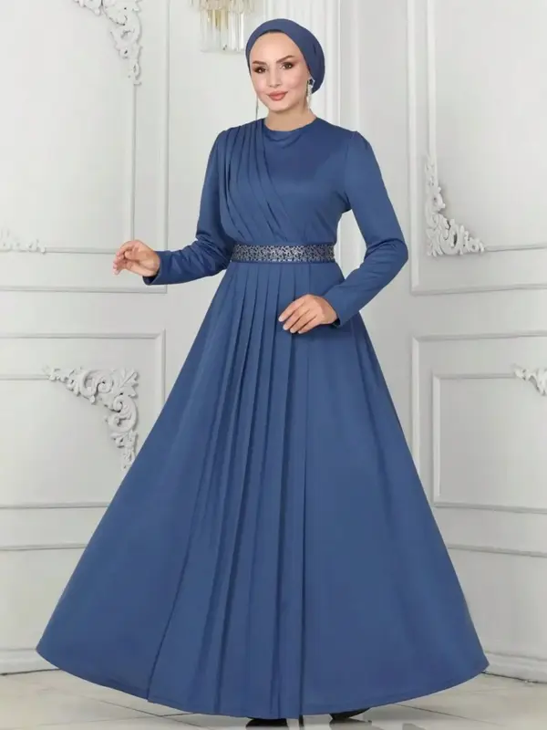 Women's Fashion Casual Pleated High Waist Round Neck Solid Color Belted Long Loose Dress, All Seasons Woven Fabric, Moderate ...