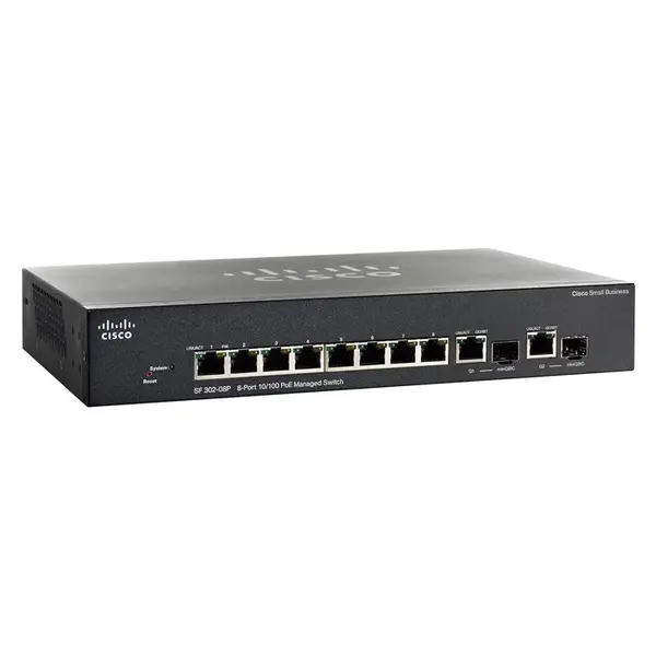 Cisco SF302-08P | Small Business 300 Series 8 x Ports PoE 10/100Base-TX + 2 x Combo SFP (mini-GBIC) Ports Layer 3 Managed 1U ...