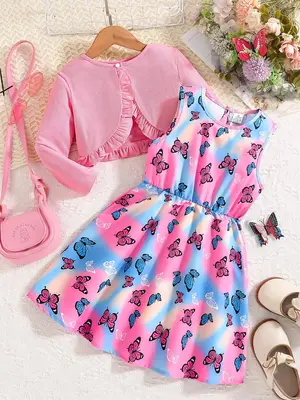 Girl's Butterfly Print Two-piece Set, Casual Solid Long Sleeve Top & Colorblock Ombre Print Dress, Kids Spring & Fall Outfits