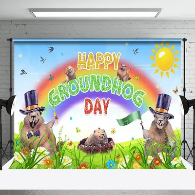 Spring Green Grassland Happy Groundhog Day Backdrop - Aperturee