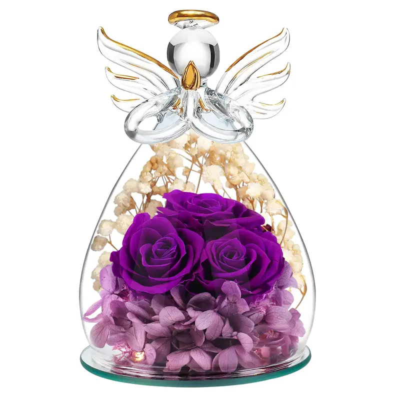 DEEMEI  Real Rose Flowers Birthday Sympathy Gifts for Mom Grandma Wife Sister Pastor, Angel Figurine with Rose in Glass Cover...