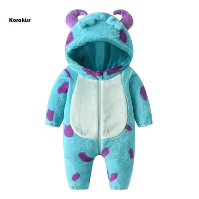 Infant Fleece Jumpsuit Cartoon Animal Horn Hooded Warm Thicken Winter Rompers Outwear Snowsuit for Baby Girls and Boys