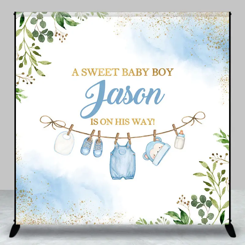 Sweet Boy Leaves Custom Name Baby Shower Backdrop