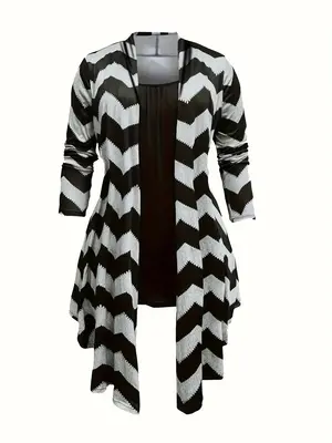 Plus Striped Print High Low Outwear & Solid Cami Top & Skinny Pants Set, Casual Outerwear Top & Top & Skinny Trousers Set, Na...