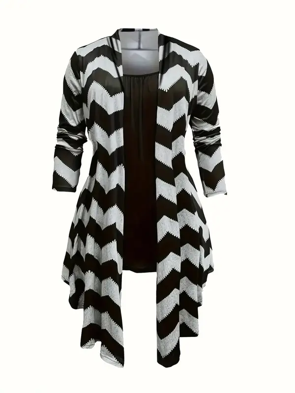 Plus Striped Print High Low Outwear & Solid Cami Top & Skinny Pants Set, Casual Outerwear Top & Top & Skinny Trousers Set, Na...