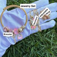 Jewelry Set Love Charms Includes Adjustable Ring Necklace and Bracelet with Adorable Kat Design