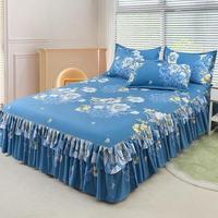 Floral Print Ruffled Edge Bed Skirt Set, 3 Counts/set Including 1 Bed Skirt & 2 Pillowcases without Filler, Comfy Bedding Set...