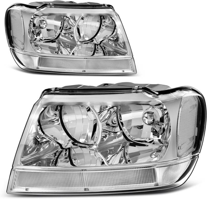 Headlight Assembly Compatible with 1999 - 2004 Grand Cherokee OE Replacement Headlamp Chrome Housing Clear Reflector Clear Le...