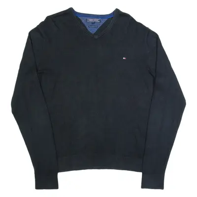 TOMMY HILFIGER Mens Jumper Black V-Neck Tight Knit L