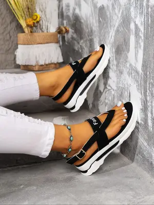 Women's Fashion Plain Buckle Slip on Sports Sandals, 1 Pair Casual Versatile Sports Sandals, Summer 2024 Beach Vacation Outdo...