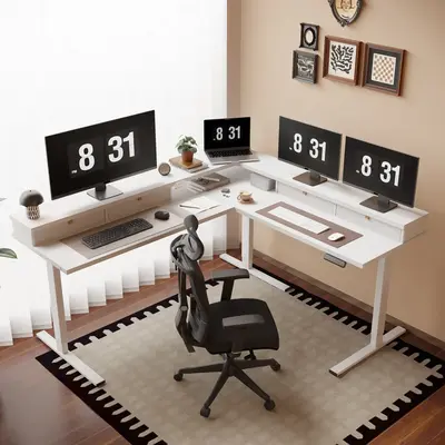 【TikTokShopfalldealsforyou】L-Shaped Electric Standing Desk, Corner Workstation with Monitor Shelf, 4 Drawers, USB Charger...