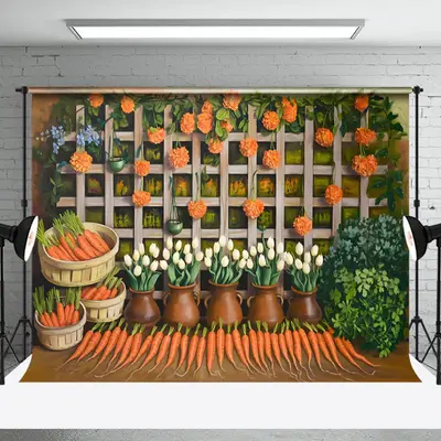 Aperturee Carrots Floral Greenery Rural Spring Photo Backdrop, 3X2FT(1MX0.6M), 14 USD, spring backdrops, NYHD6I01-M