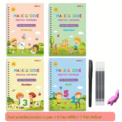 4 Pcs Groove Writing Book for Kids, Magic Groove Practice Copybook, Reusable Grooved Handwriting Workbooks, Calligraphy Books...