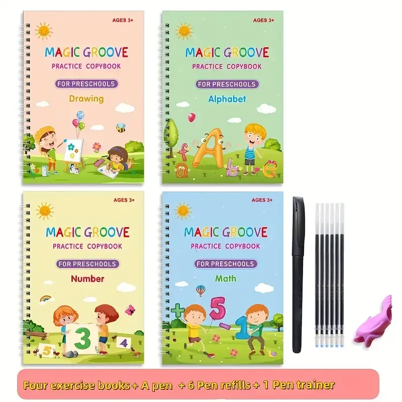 4 Pcs Groove Writing Book for Kids, Magic Groove Practice Copybook, Reusable Grooved Handwriting Workbooks, Calligraphy Books...