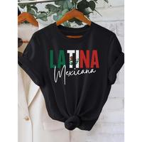 Women's Latina Mexicana Graphic T-Shirt - Black Short Sleeve Crew Neck Casual Top with Bold Letter Print & Mexican Flag Desig...