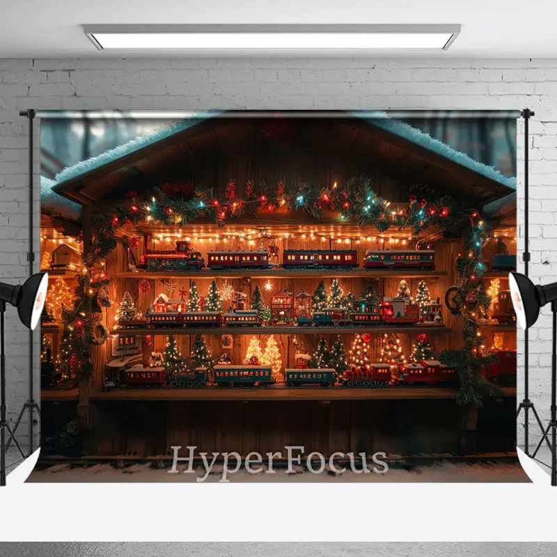 Christmas Light Twinkling Toy Train Shop Backdrop - Aperturee