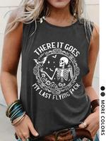 Women's Skeleton & Letter Print Round Neck Tank Top, Casual Fashion Sleeveless Top for Daily Wear, Ladies Clothes for All Sea...