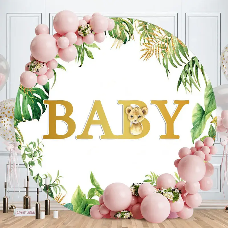 Aperturee Green Leaves Round Leopard Baby Shower Backdrop