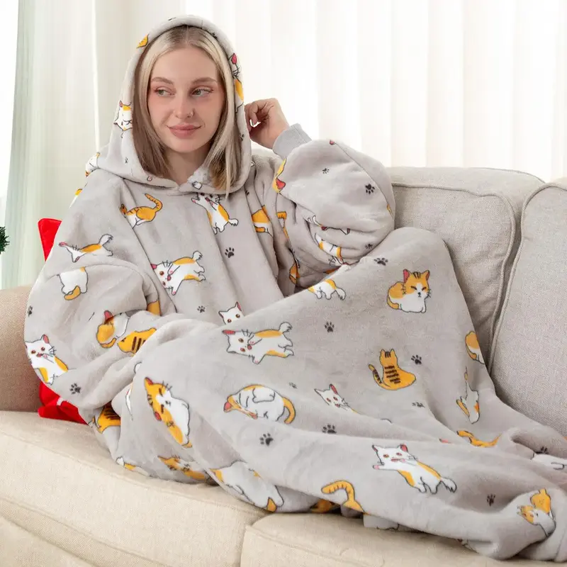 Cute Print Wearable Blanket Hoodie, 1 Count Casual Soft Comfortable Long Sleeve Blanket with Pockets, Room Accessories Warm B...