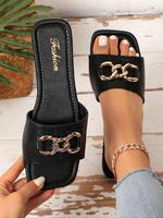 Women's Black Fashion Chain Decorated Slides, Trendy Sandals, Casual Comfortable Flat Sandals for Summer, Lightweight Breatha...