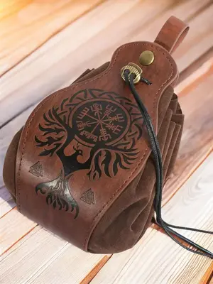Men's Casual Ethnic Pattern Design Viking Style Bum Bag, Drawstring Design PU Leather Belt Bag for Men, Fanny Pack for Daily ...