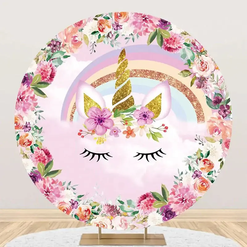 Pink Floral Unicorn Rainbow Round Birthday Backdrop - Aperturee